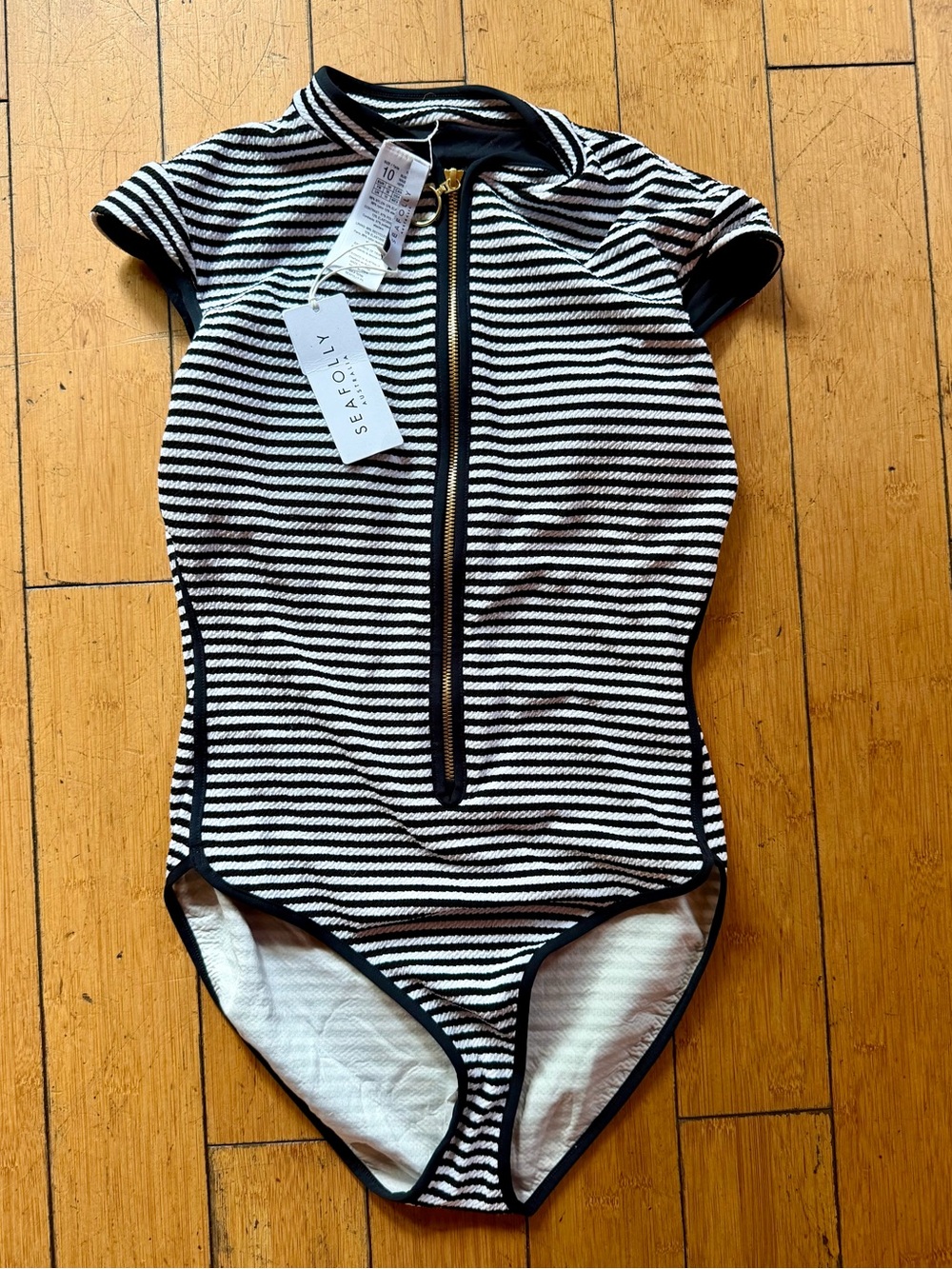 Seafolly Black & White Striped Zip Front Swimsuit